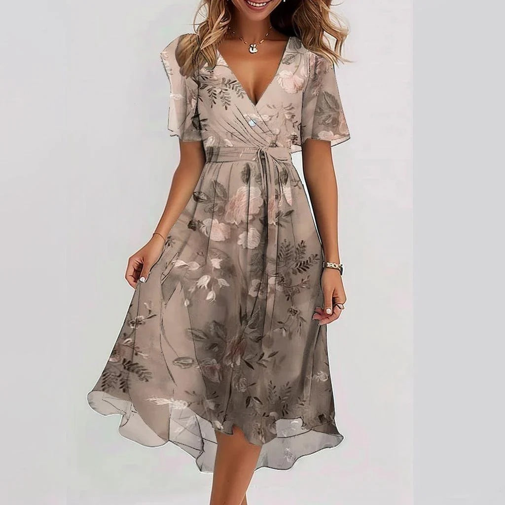 Elegante vestito avvolgente con stampa floreale per donne – Leggero vestito midi in chiffon con maniche a volant