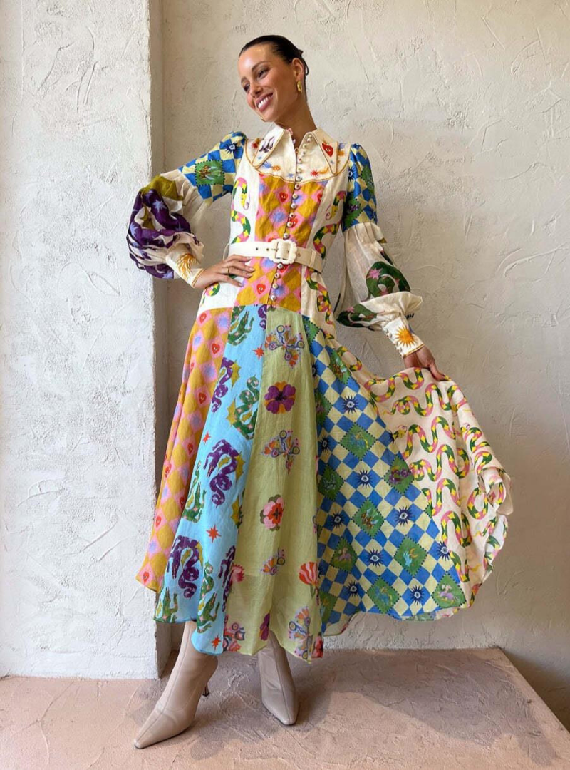 Abito maxy boho con stampa artistica per donne – Elegante abito camicia con cintura