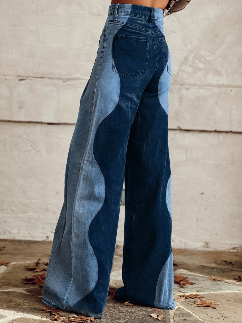 Jeans a vita alta e gamba larga con contrasto di colori – Pantaloni in denim patchwork alla moda per donne
