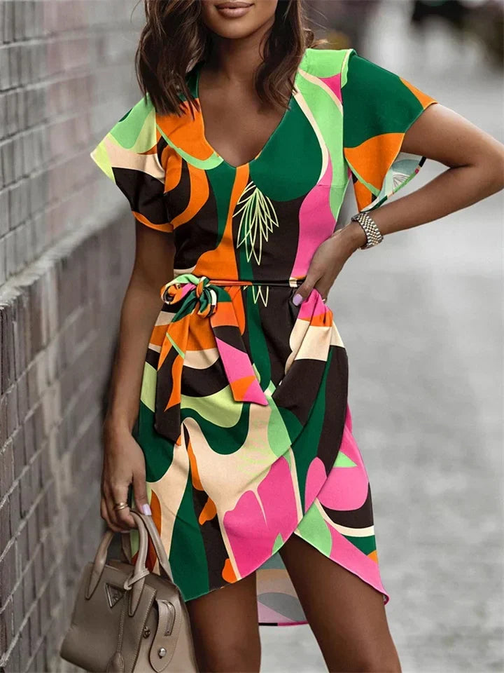 Quenelle - Elegante vestito primaverile con fiori, maniche corte e cintura in vita