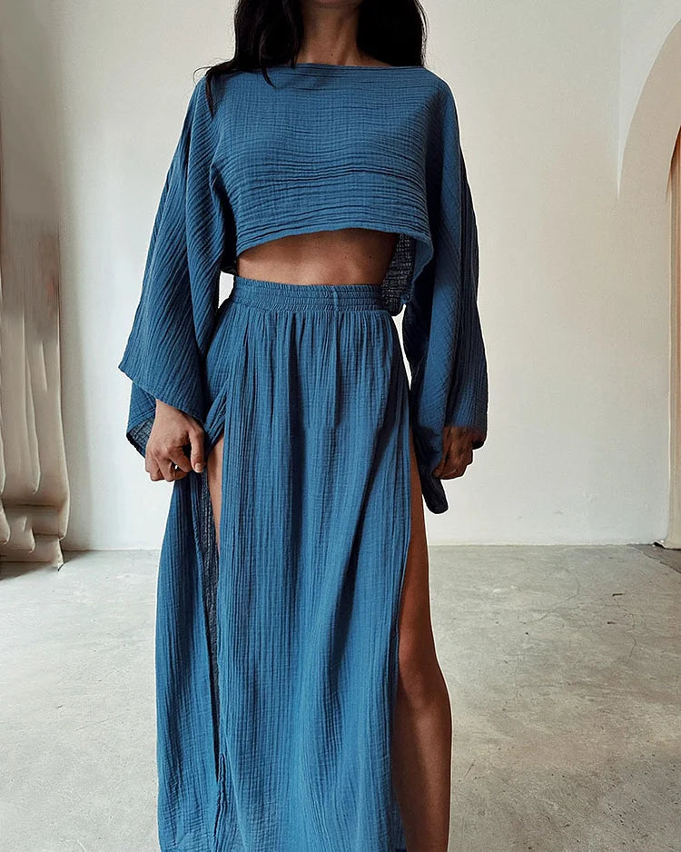 Alizenne - Completo estivo leggero ed elegante in lino per le vacanze, composto da un crop top a maniche lunghe con taglio ampio e una maxi gonna con doppio spacco laterale