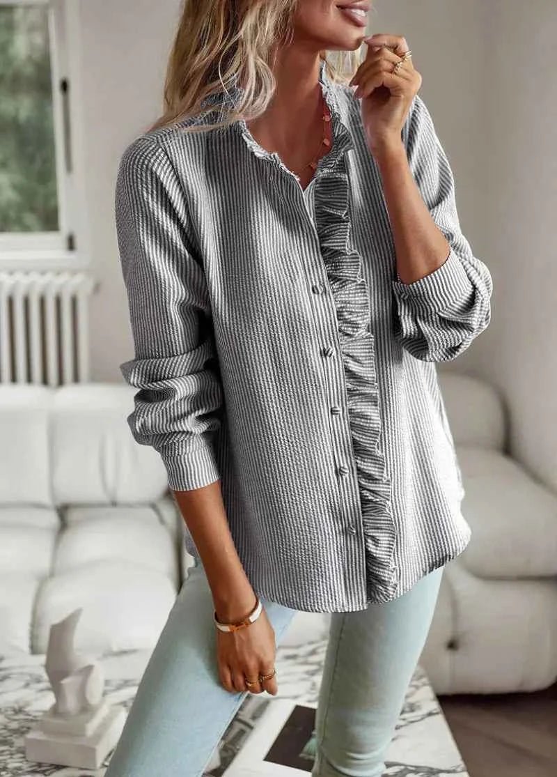 Elegante Blusa con Rouches e Motivo Strutturato – Leggera Blusa a Maniche Lunghe per Donne