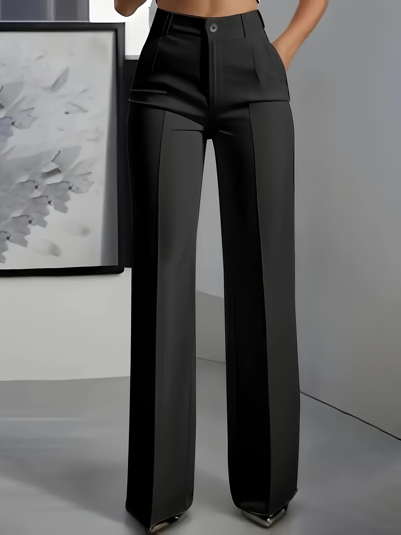 Elegante pantalone in tessuto a vita alta per donne – Pantalone business ampio con gamba dritta