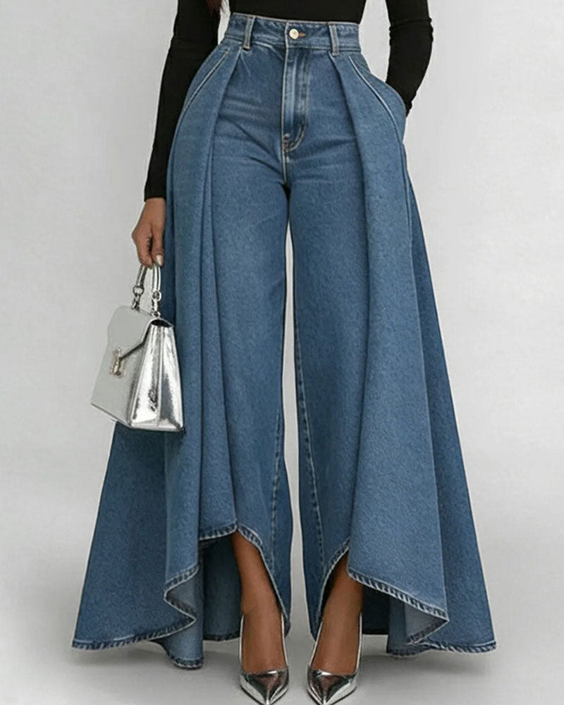 Jeans a Vita Alta e Gamba Larga con Design a Strati – Pantaloni in Denim alla Moda per Donne