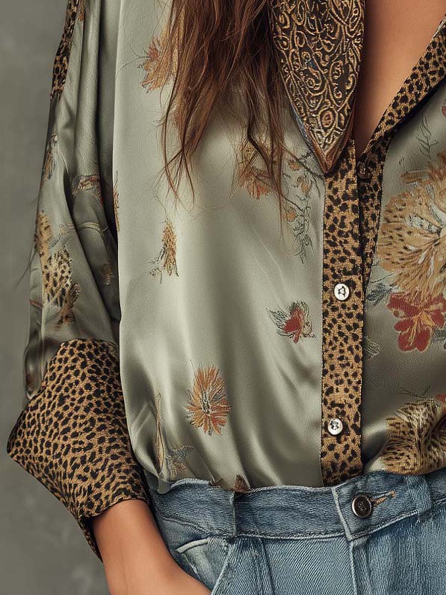 Elegante camicetta in satin con stampa floreale per donne – Camicia a maniche lunghe dal look boho