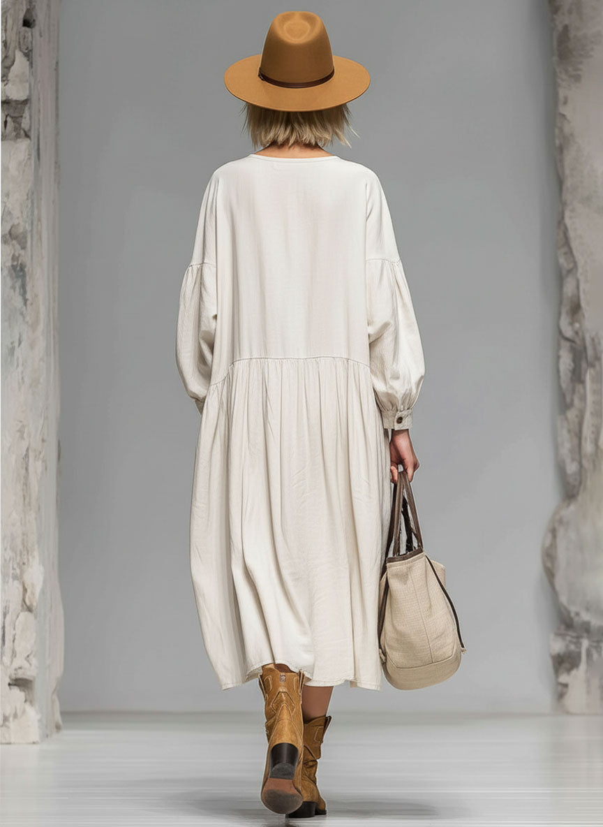 Abito midi con bottoni per donna – Vestito boho morbido con maniche a palloncino e tasche pratiche