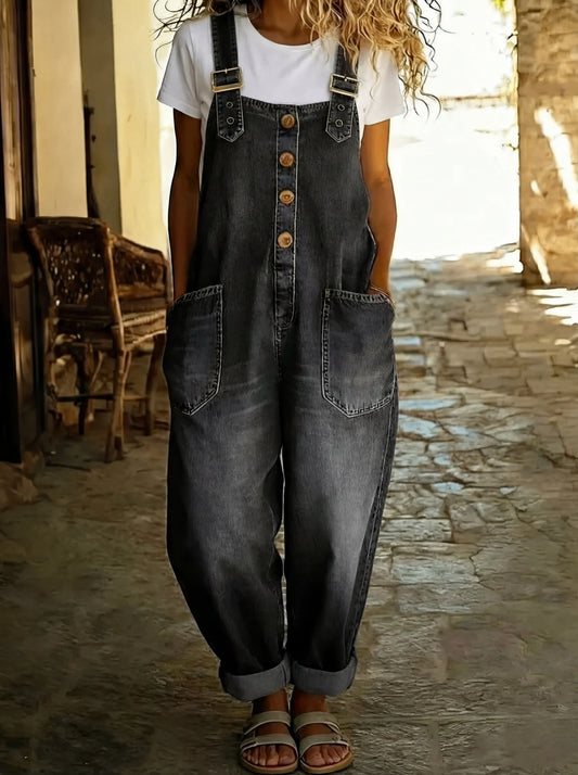 Tuta in denim casual per donne – Tuta comoda con bottoni e tasche