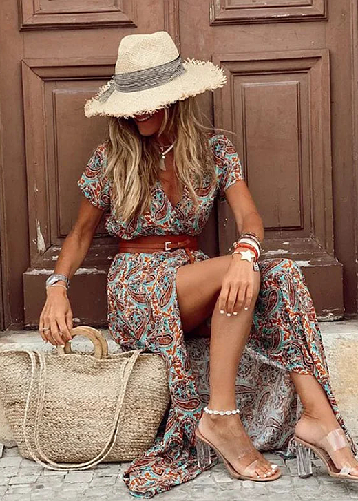Séliviane - Maxidress Boho Leggero con Spacco Laterale e Cintura Abbinata