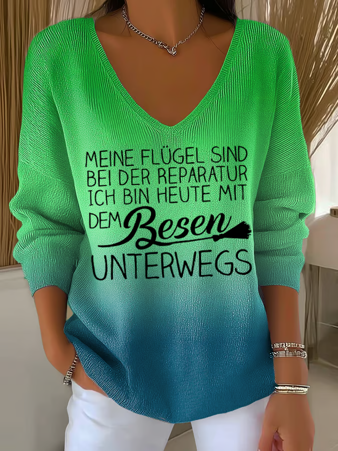T-shirt casual con scollatura a V e frase – Maglietta dichiarativa per donne