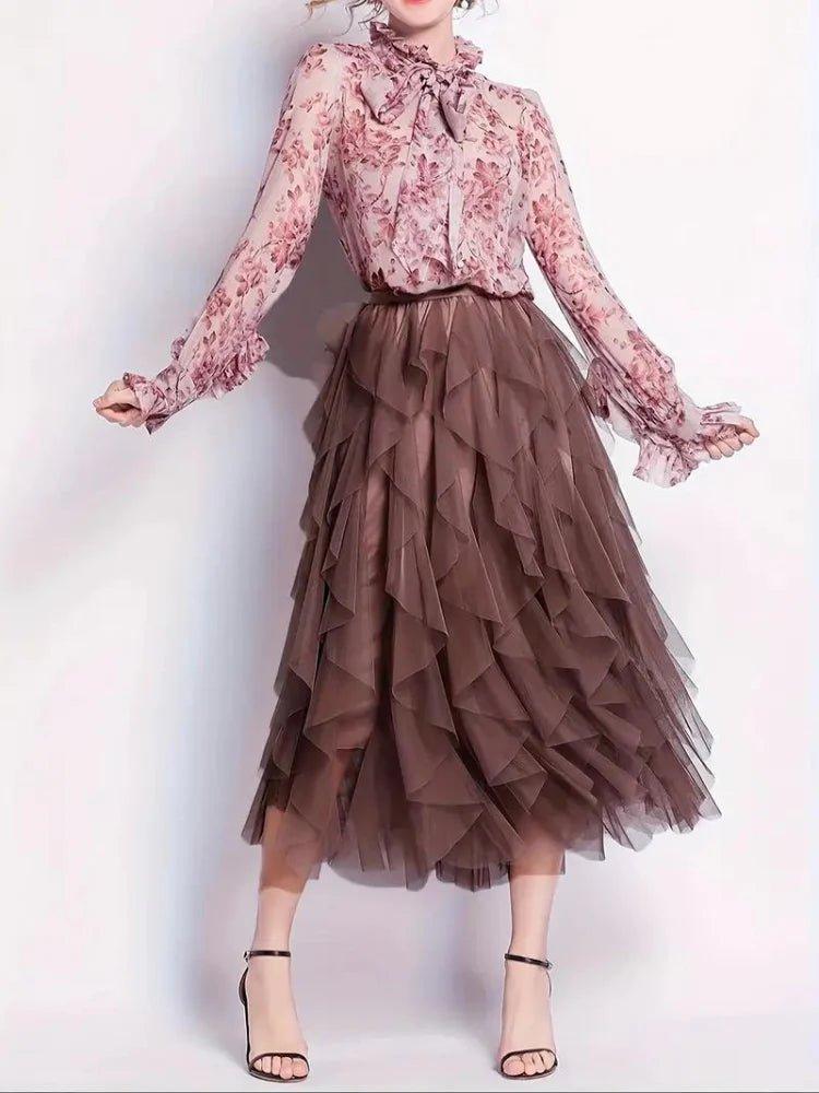 Gonna midi in tulle elegante con volant – Gonna leggera a strati per donne