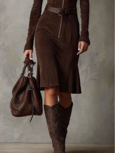 Fiorine - Vestito Midi Vintage in Marrone con Cerniera e Cintura