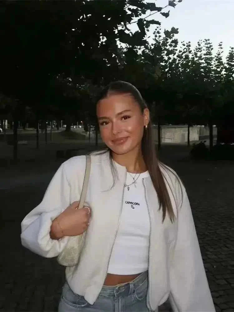 Giacca bomber corta oversize con maniche a palloncino – Giacca moderna da donna per la transizione