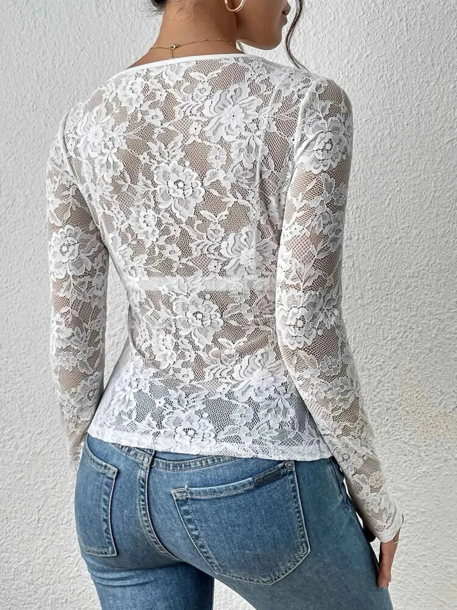 Elegante maglietta a maniche lunghe in pizzo con scollatura a V per donne – Sottile & Seducente