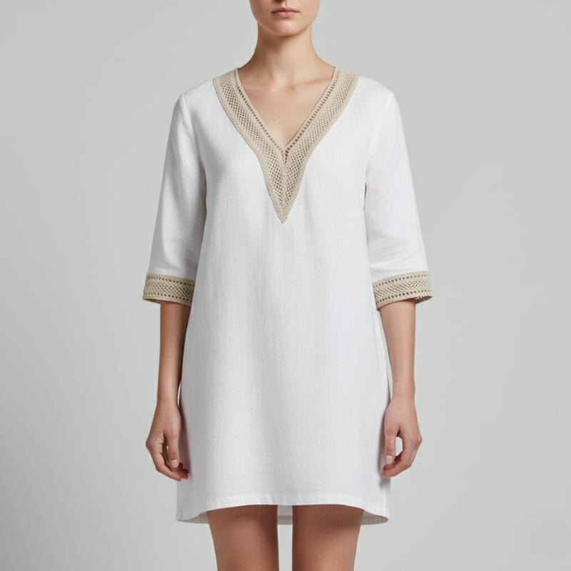 Abito in lino con scollo a V e ricamo – Elegante abito estivo per donne