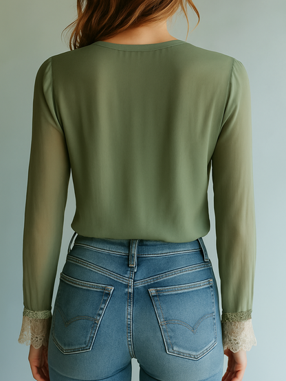 Féliciane - Blusa romantica in stile bohémien-chic con motivo floreale verde minerale e dettagli in pizzo per donne