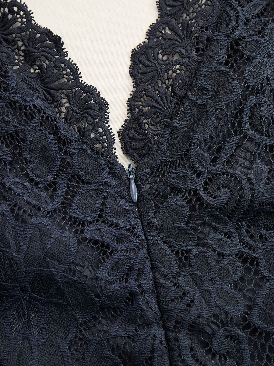 Abito elegante in pizzo per donne – Maxibito senza maniche con profondo scollo a V e cintura in vita