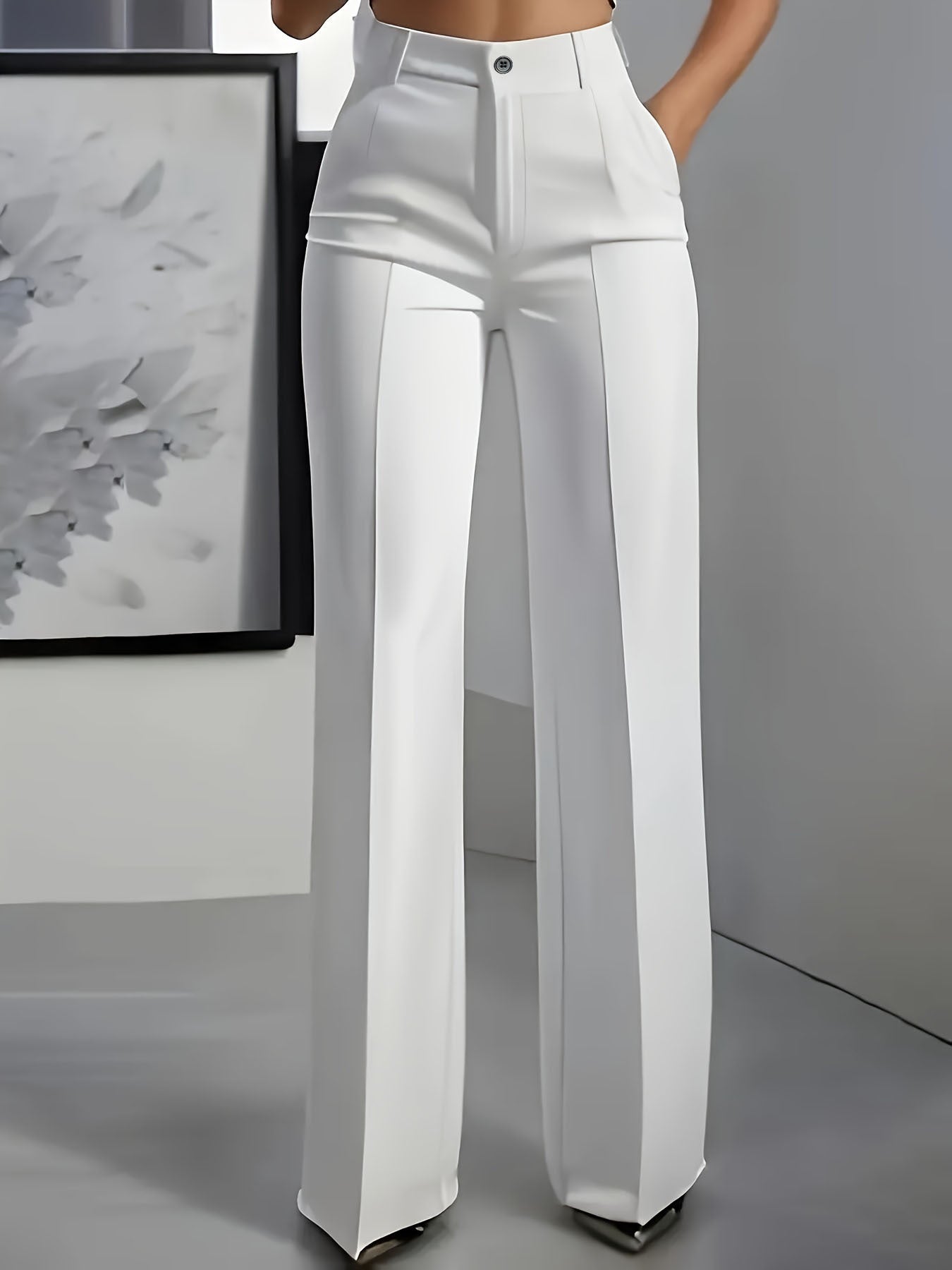 Elegante pantalone in tessuto a vita alta per donne – Pantalone business ampio con gamba dritta
