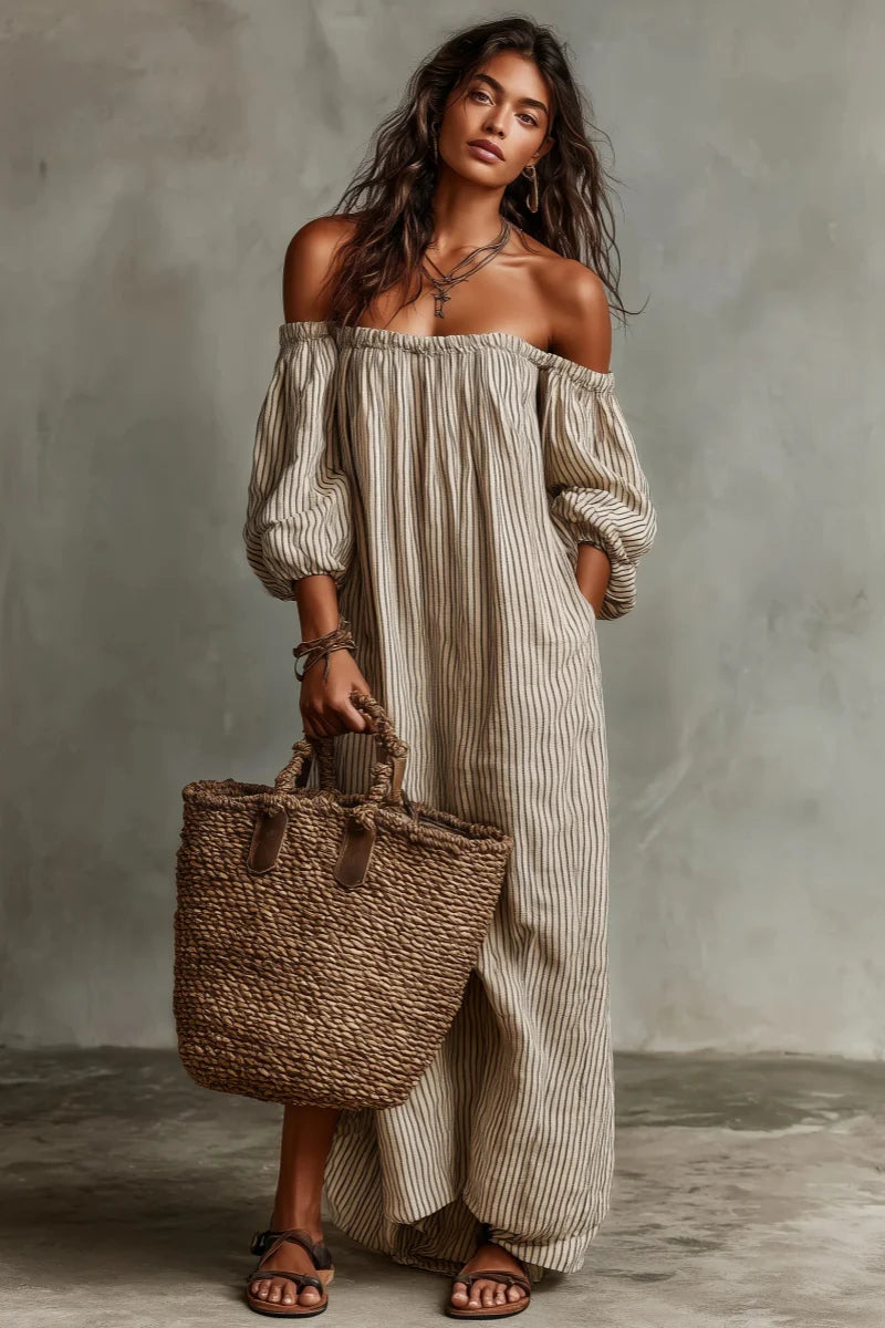 Aurélisse - Abito Maxy a Righe Beige con Spalle Scoperte in Misto Lino