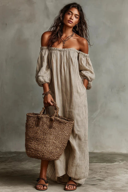 Aurélisse - Abito Maxy a Righe Beige con Spalle Scoperte in Misto Lino