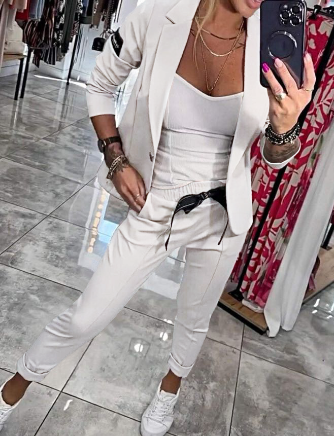 Completo blazer da donna moderno con pantaloni elasticizzati – Elegante outfit a 2 pezzi per ufficio e tempo libero