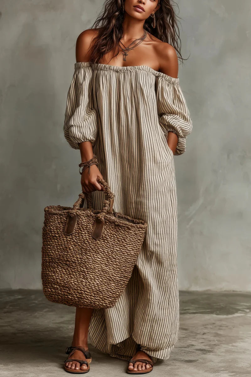 Aurélisse - Abito Maxy a Righe Beige con Spalle Scoperte in Misto Lino