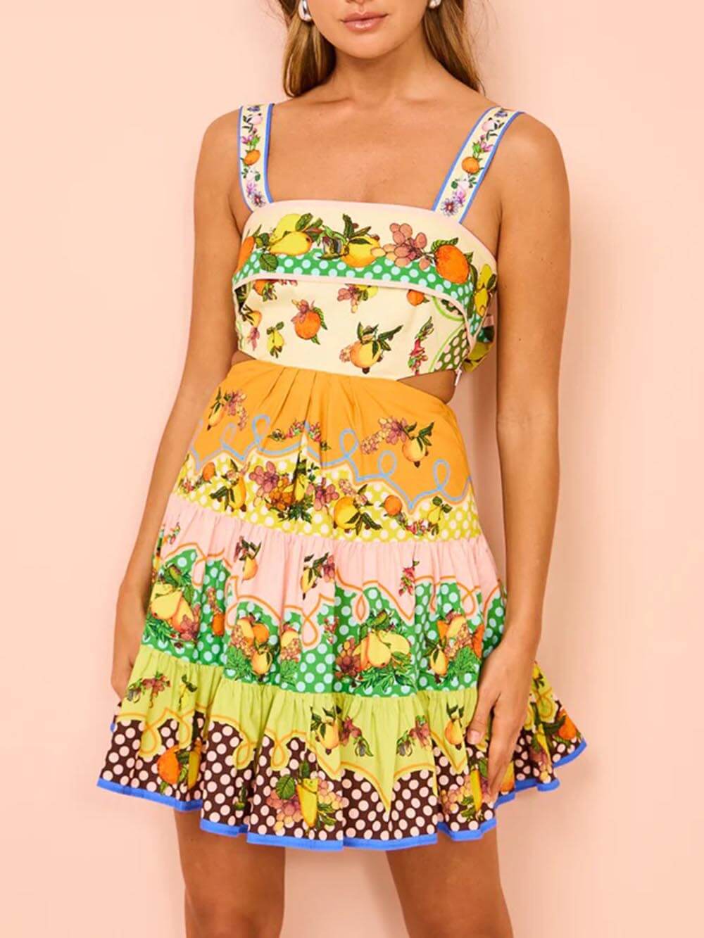 Norielle - Mini Abito Estivo con Motivo Colorato di Fiori e Frutti