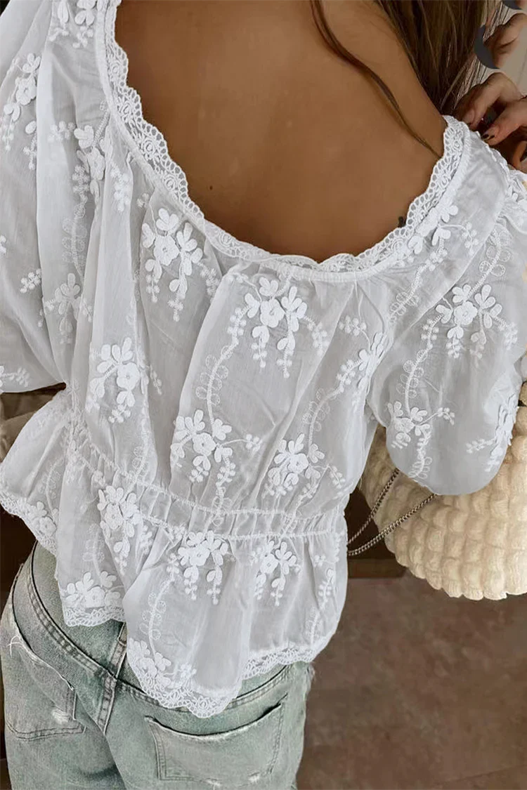 Joséphine - Blusa Primavera Bohemien Romantica in Pizzo con Maniche Lunghe e Dettagli Floreali per Donne
