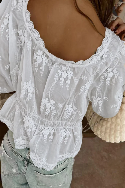 Joséphine - Blusa Primavera Bohemien Romantica in Pizzo con Maniche Lunghe e Dettagli Floreali per Donne