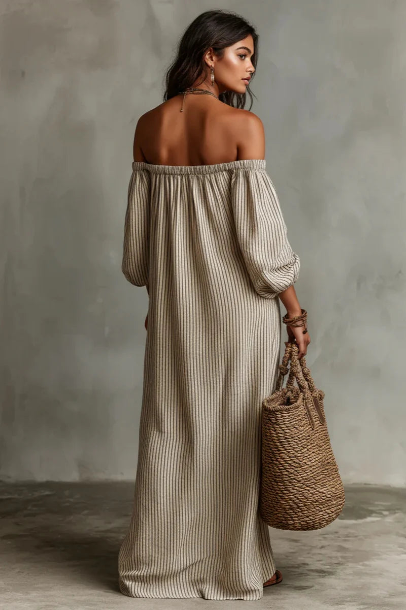 Aurélisse - Abito Maxy a Righe Beige con Spalle Scoperte in Misto Lino