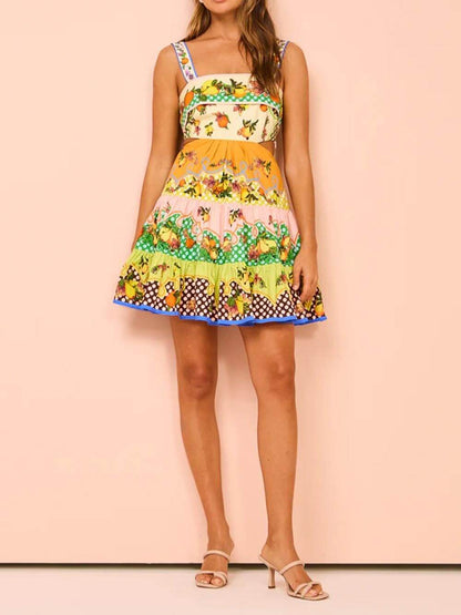 Norielle - Mini Abito Estivo con Motivo Colorato di Fiori e Frutti
