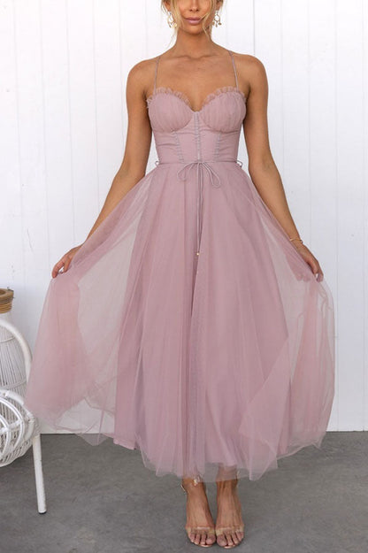 Aurélina - Abito Midi Estivo con Corsetto per Donne, Gonna in Tulle e Spalline a Spaghetti