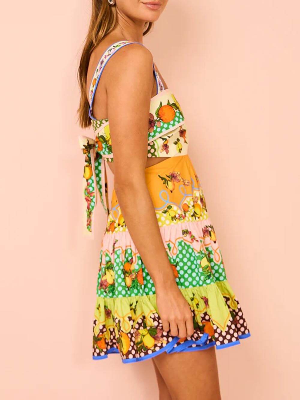 Norielle - Mini Abito Estivo con Motivo Colorato di Fiori e Frutti
