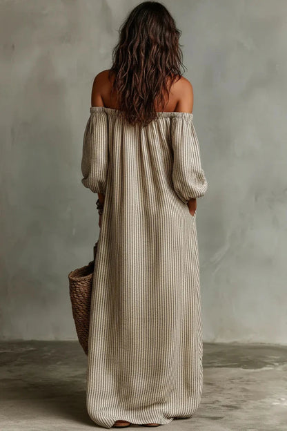 Aurélisse - Abito Maxy a Righe Beige con Spalle Scoperte in Misto Lino