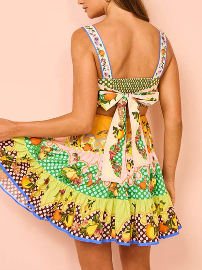 Norielle - Mini Abito Estivo con Motivo Colorato di Fiori e Frutti