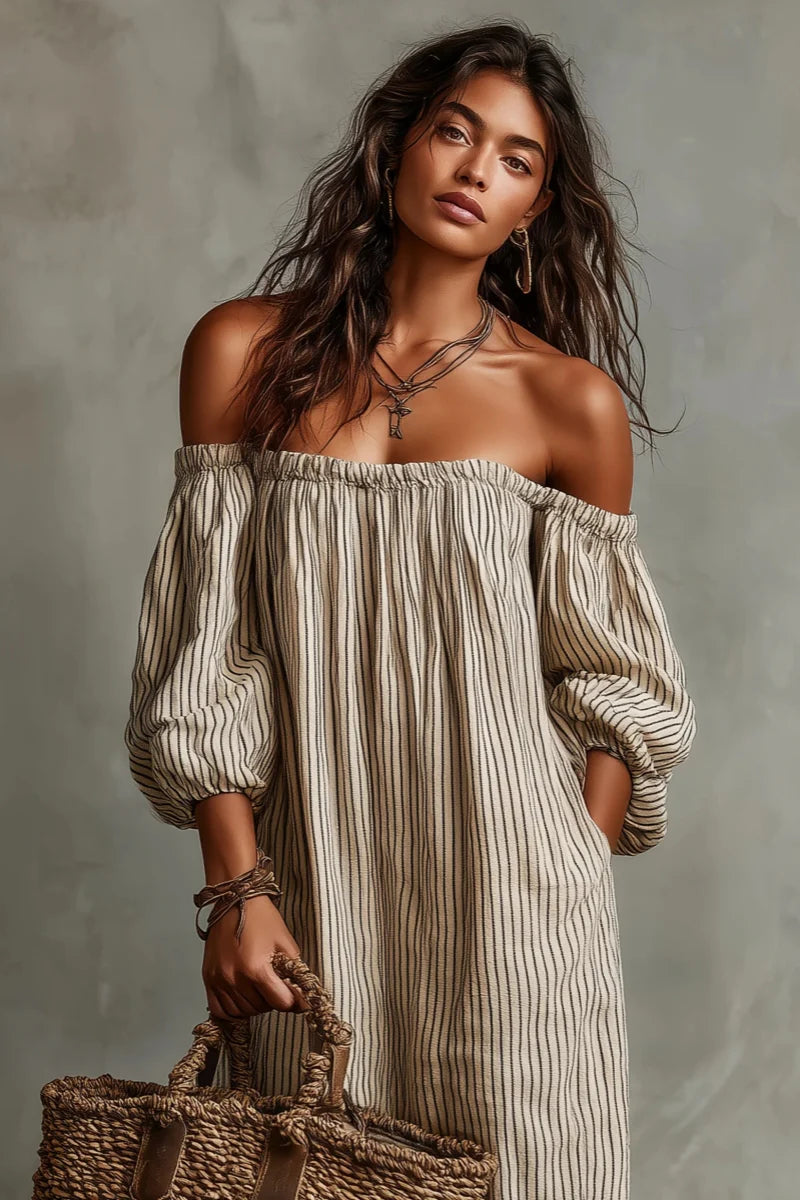 Aurélisse - Abito Maxy a Righe Beige con Spalle Scoperte in Misto Lino