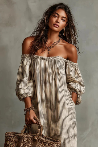 Aurélisse - Abito Maxy a Righe Beige con Spalle Scoperte in Misto Lino