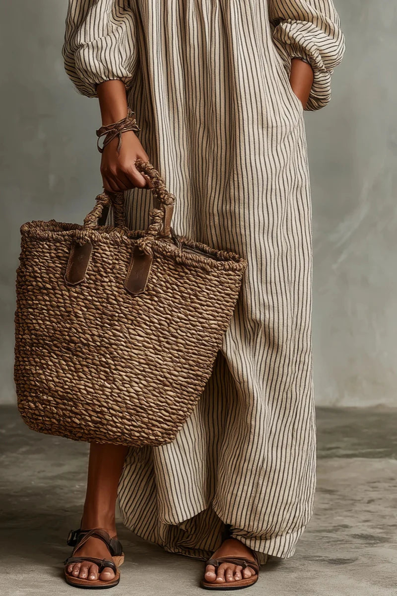 Aurélisse - Abito Maxy a Righe Beige con Spalle Scoperte in Misto Lino