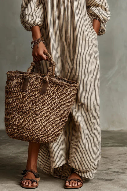 Aurélisse - Abito Maxy a Righe Beige con Spalle Scoperte in Misto Lino