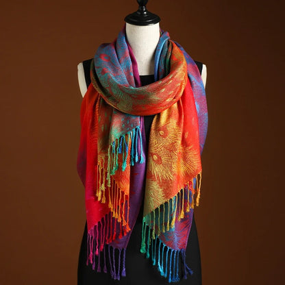 Sciarpa elegante con sfumature e frange – Poncho morbido da donna e versatile foulard