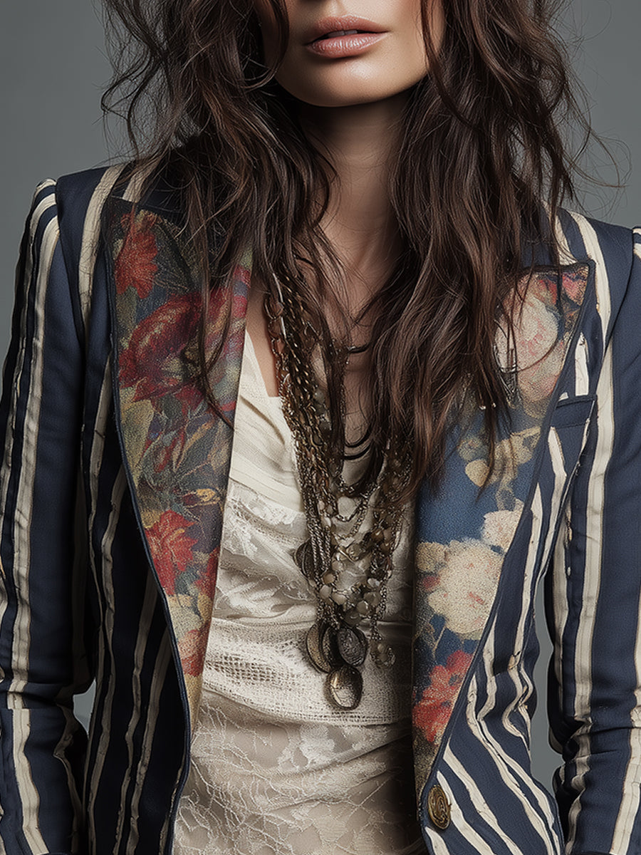 Oréliane - Blazer Vintage Aderente in Boho-Chic con Fiori e Strisce per Donne