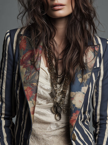 Oréliane - Blazer Vintage Aderente in Boho-Chic con Fiori e Strisce per Donne