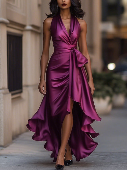 Delyra - Abito in Satin con Rouches, Schiena Scoperta, Eleganza di Mezzanotte
