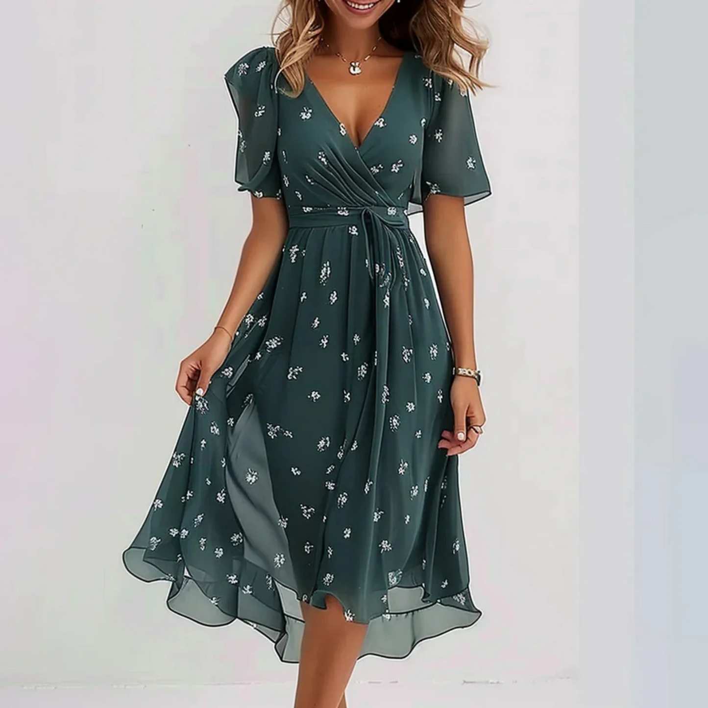 Elegante vestito avvolgente con stampa floreale per donne – Leggero vestito midi in chiffon con maniche a volant