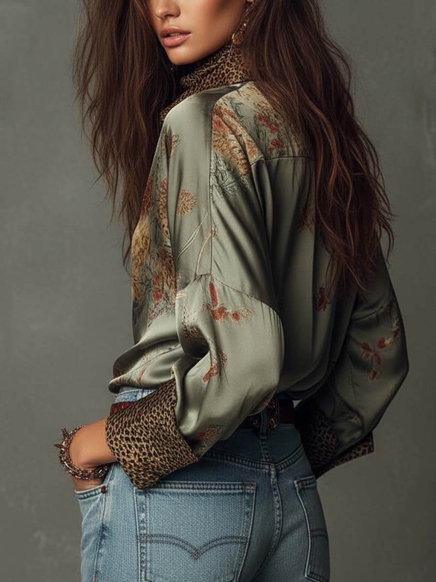 Elegante camicetta in satin con stampa floreale per donne – Camicia a maniche lunghe dal look boho
