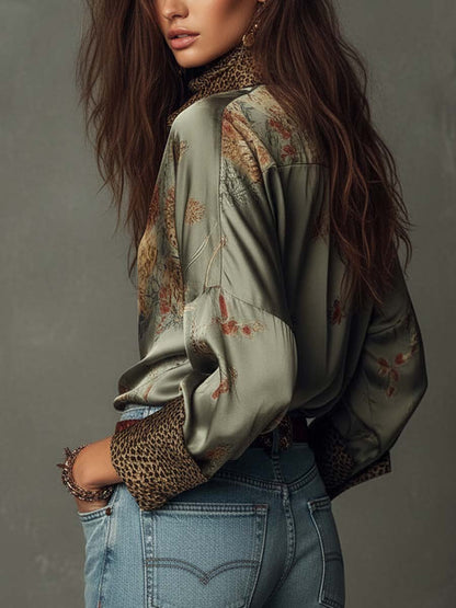 Elegante camicetta in satin con stampa floreale per donne – Camicia a maniche lunghe dal look boho