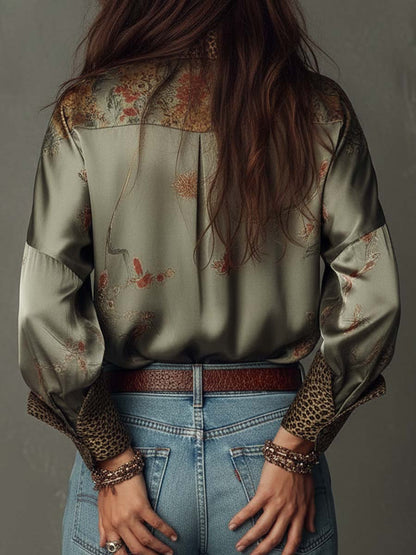 Elegante camicetta in satin con stampa floreale per donne – Camicia a maniche lunghe dal look boho