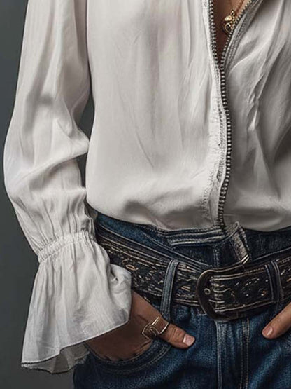 Ambréline - Blusa Bianca Romantica per Donne con Maniche Lunghe e Ampie