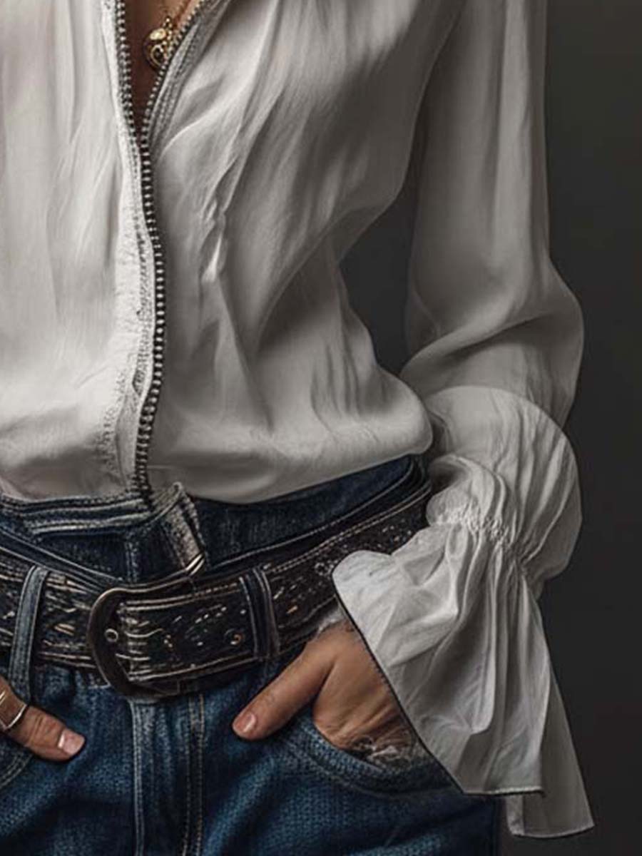 Ambréline - Blusa Bianca Romantica per Donne con Maniche Lunghe e Ampie