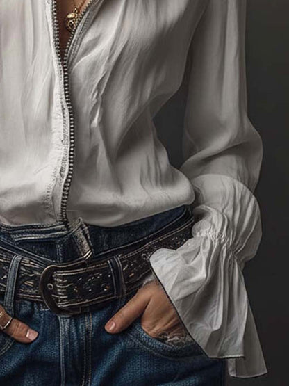 Ambréline - Blusa Bianca Romantica per Donne con Maniche Lunghe e Ampie