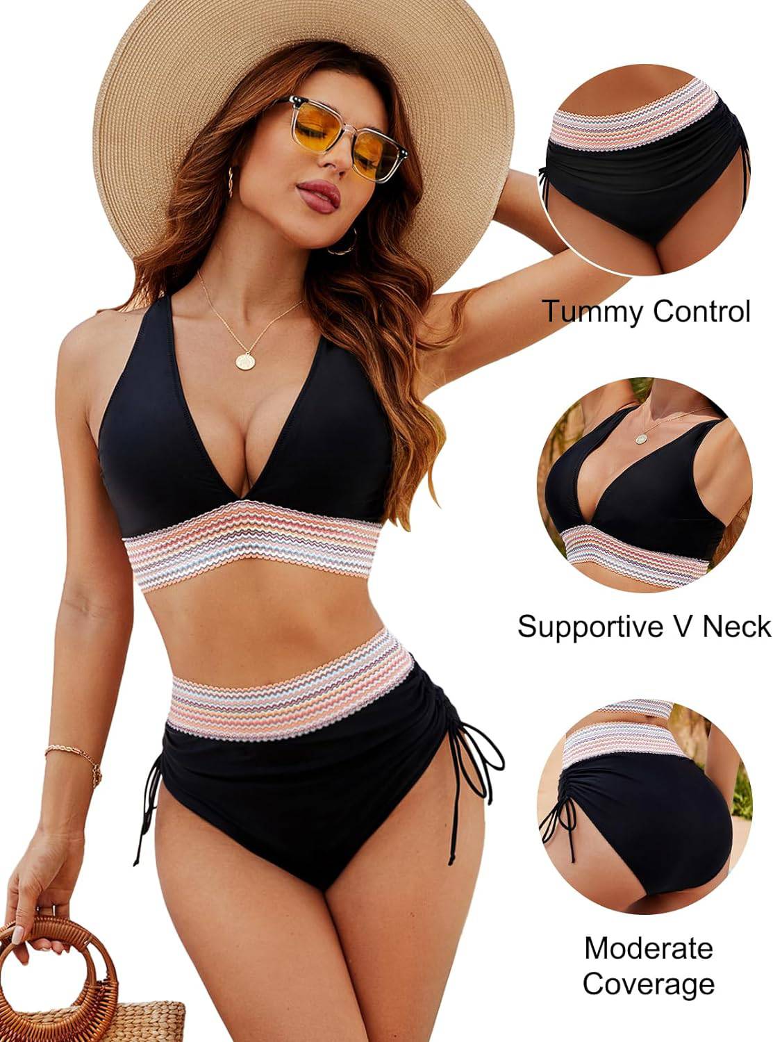 Costume da bagno elegante per donne con pantaloni a vita alta – Scollatura a V e modellante